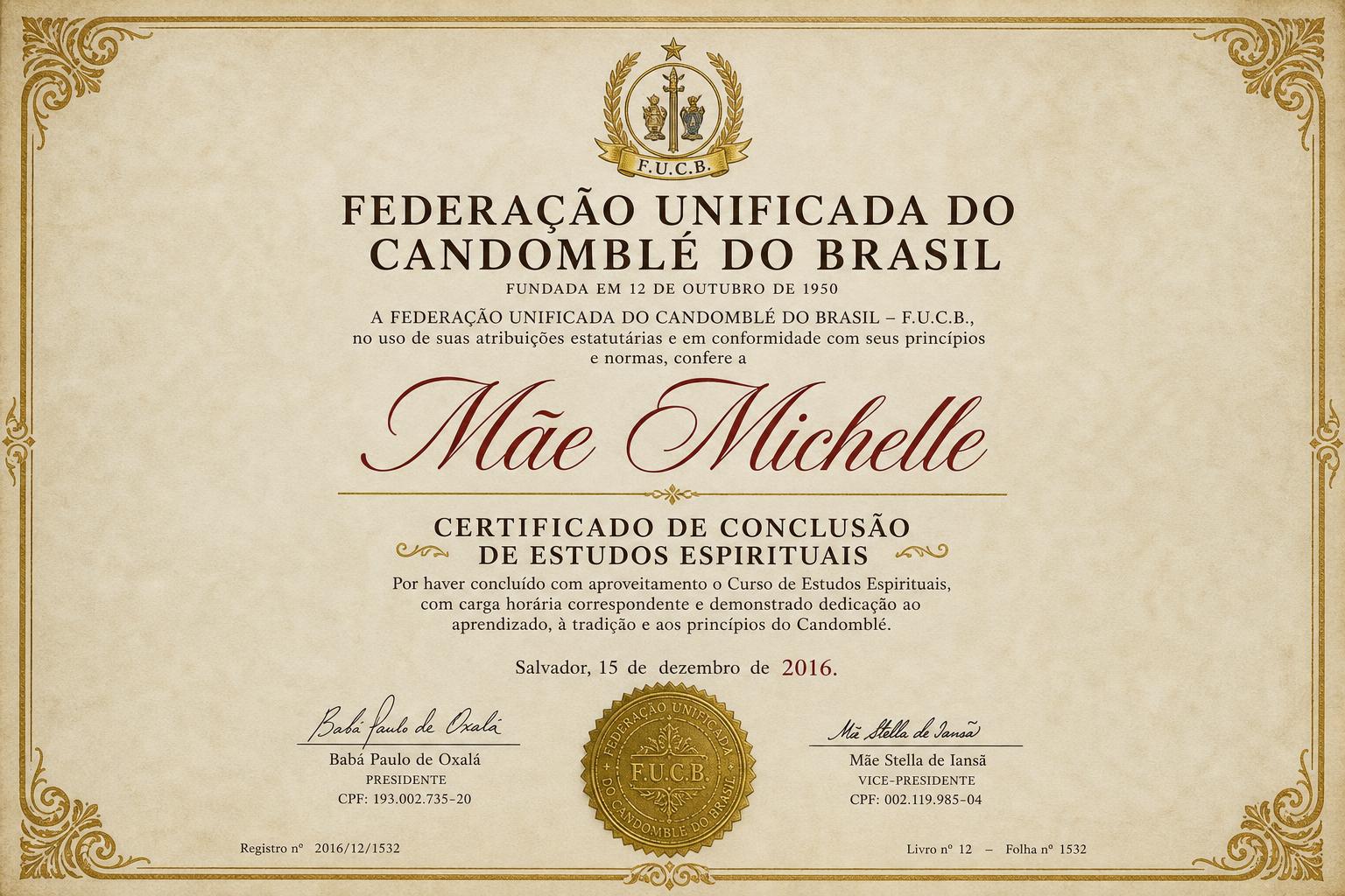 Certificado 2 da Mãe Michelle