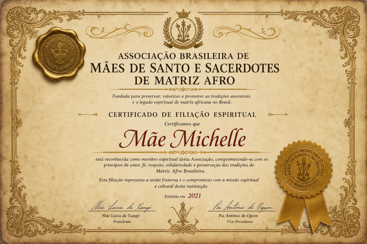 Certificado 1 da Mãe Michelle