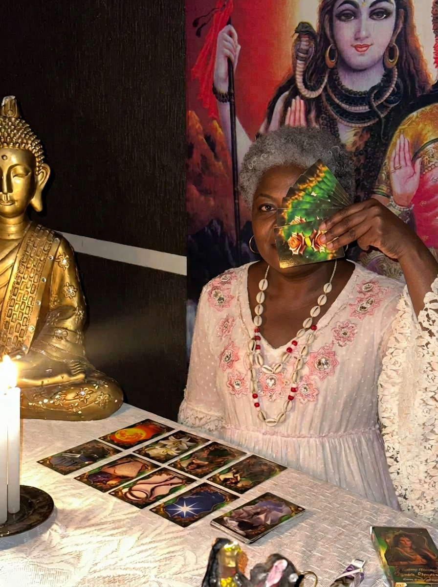 Mãe Michelle com velas e cartas