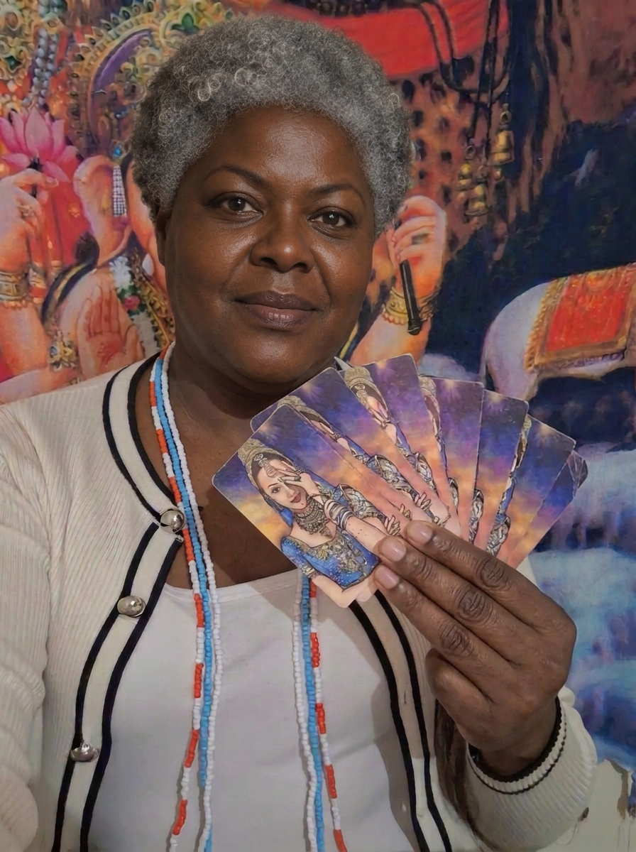 Mãe Michelle segurando cartas de tarô